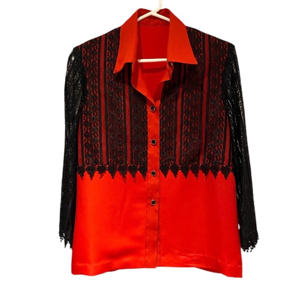 Red & black lace button down, long sleeve blouse. Size medium